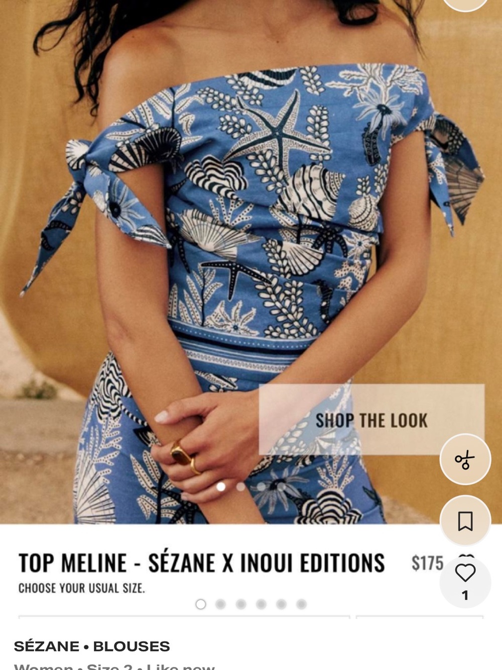 Sezane Blue Shell-Print Off-Shoulder Tie-Sleeve Top